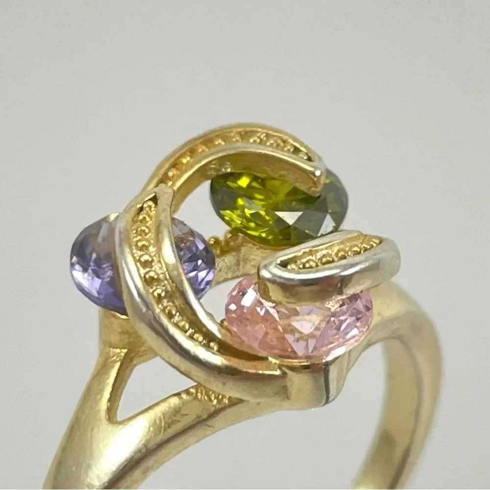 925 Sterling Silver Gold Plated Multi-Color Swarovski Crystal Gemstone Ring Sz 9
